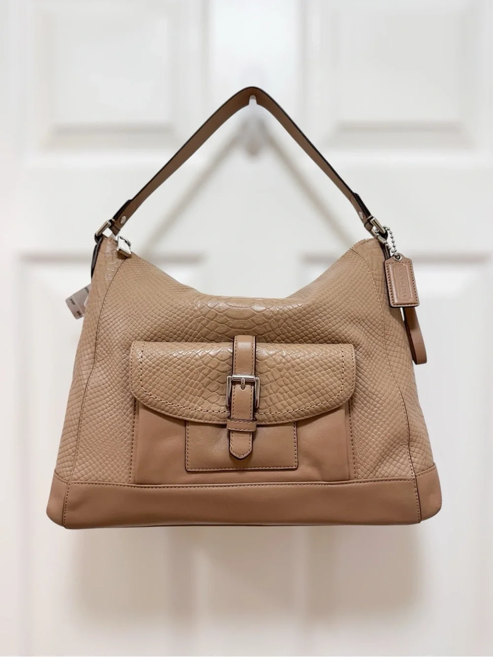 Coach Charlie Large Structured Hobo Mushroom Beige Python Leather NWT